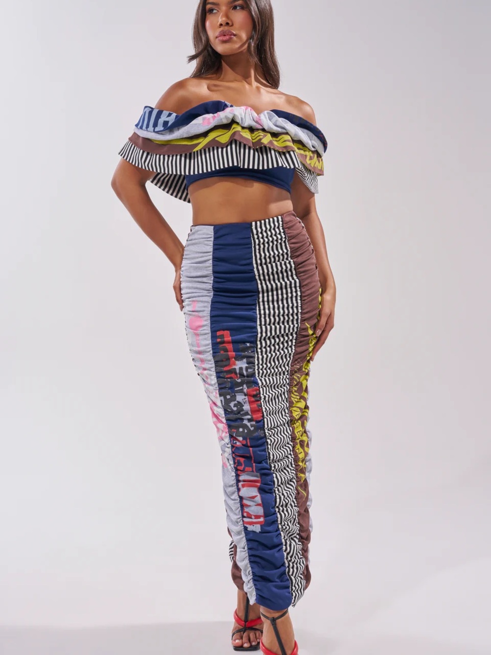 AKIRA Navy Multi-Panel Ruched Maxi Skirt